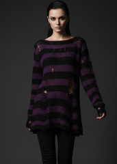 Gothic black and purple striped knit sweater for women with ripped distressed details and long sleeves