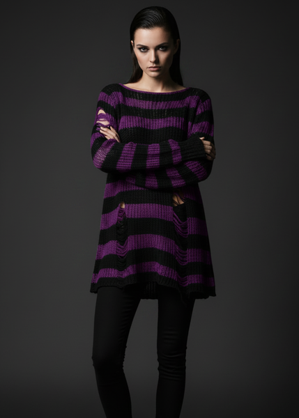 Black and purple striped distressed knit sweater with ripped details and oversized gothic grunge style