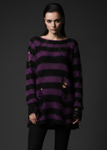 Women’s black and purple striped oversized sweater with distressed holes and alternative punk rock design