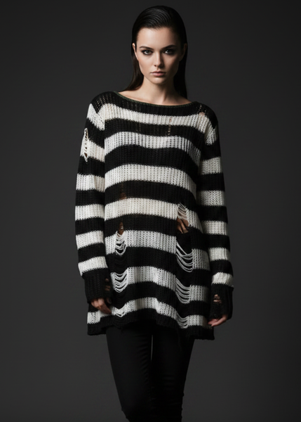 Black and white striped distressed knit sweater with ripped details and oversized gothic grunge style