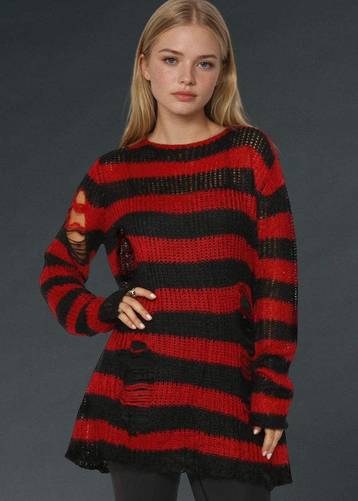 Oversized black and red distressed knit pullover, alternative punk goth striped sweater