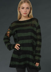 Black and green striped oversized distressed knit sweater with grunge gothic aesthetic for women