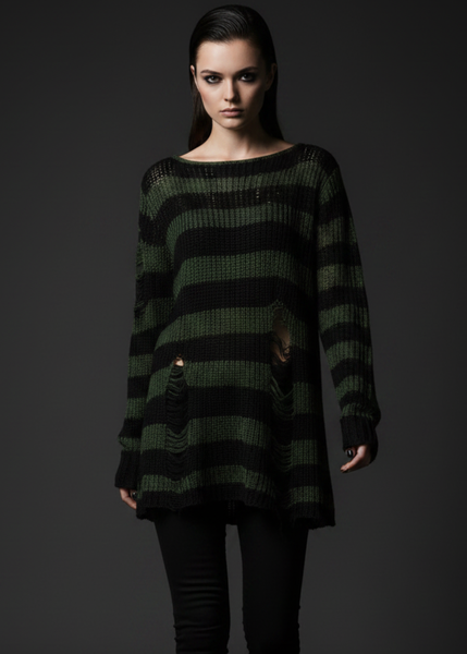 Black and forest green striped open-knit pullover sweater with distressed holes, relaxed tunic fit and long sleeves.