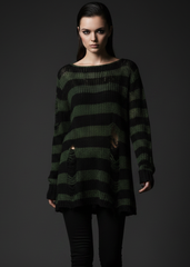 Black and forest green striped open-knit pullover sweater with distressed holes, relaxed tunic fit and long sleeves.