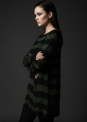 Black and Green Striped Oversized Distressed Knit Sweater