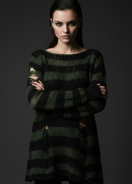 omen’s oversized distressed knit sweater with black and dark green stripes, long sleeves, ripped details and wide boat neckline.