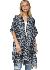Grey leopard print kimono with fringe — open-front boho chiffon duster worn as a layering piece