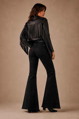 White crocodile flare jeans styled with platform boots – Pretty Attitude rock fashion

