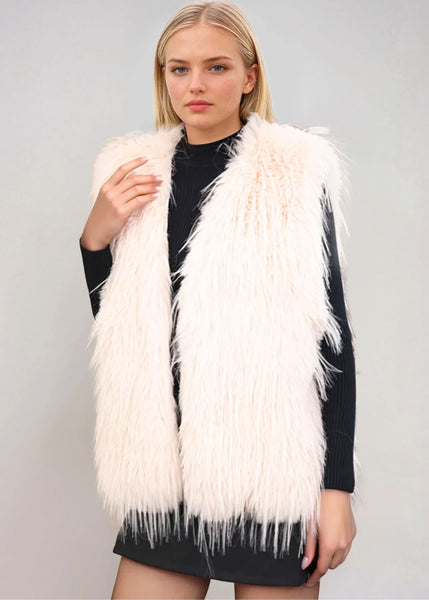 Beige shaggy plush faux fur vest for women, soft fluffy sleeveless outerwear jacket, cozy boho chic winter layering piece for fall and holiday outfits