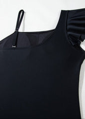 Elegant black one shoulder swimsuit - detail shot of ruffle and pleating