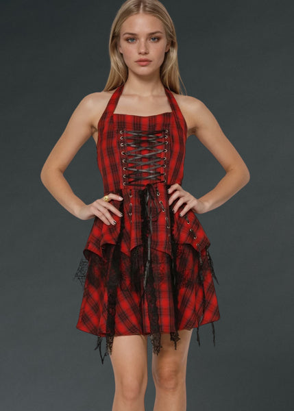 Gothic red plaid mini dress with lace-up corset front, punk rock grunge fashion outfit