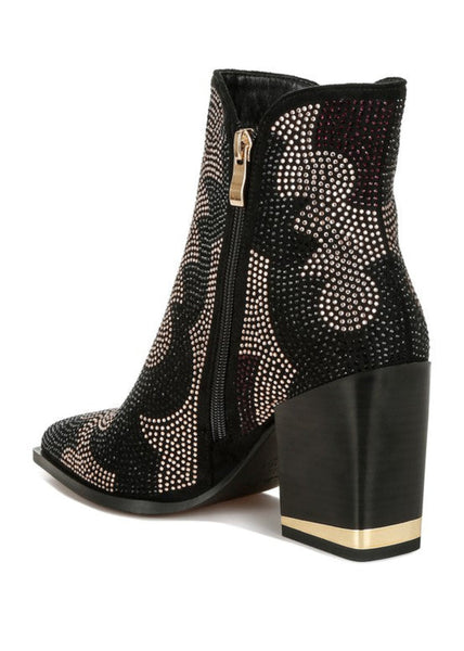 Sparkle ankle booties with 3.5 inch block heel and side zipper closure