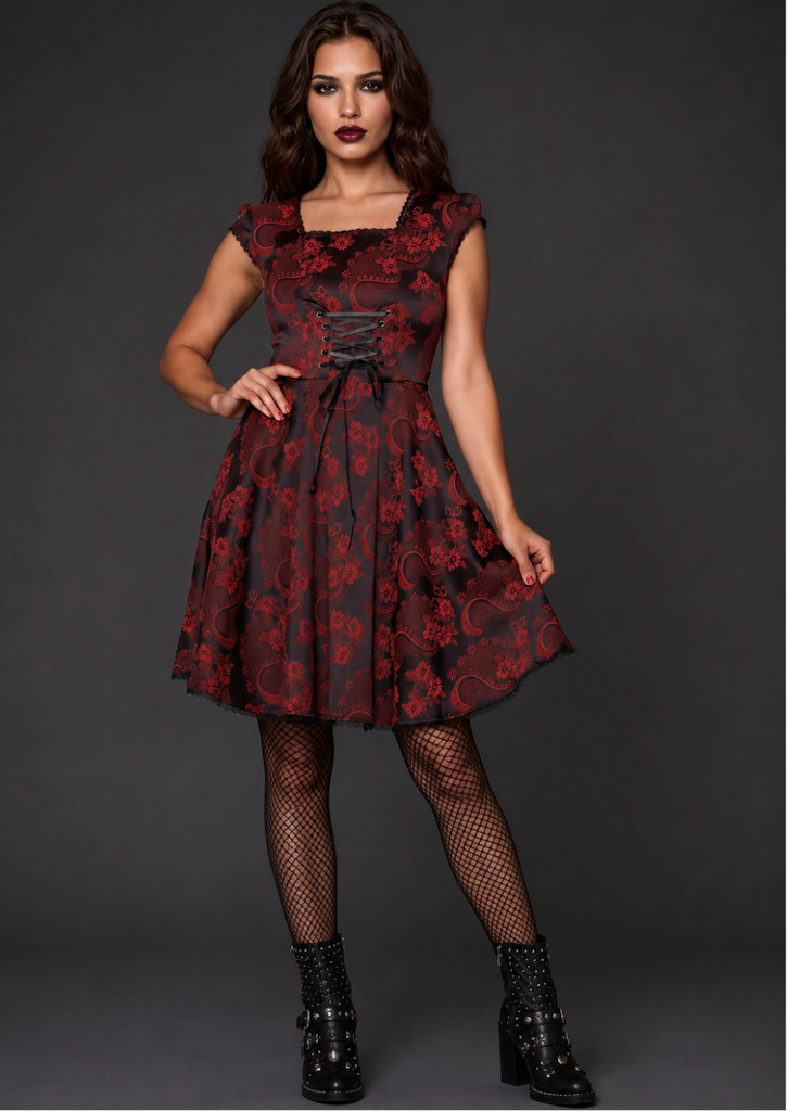 Gothic Brocade Corset Dress – Red Academia Mini Dress