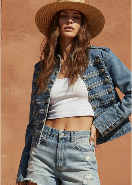 Blue denim military jacket styled over slip dress — women's boho rock fashion