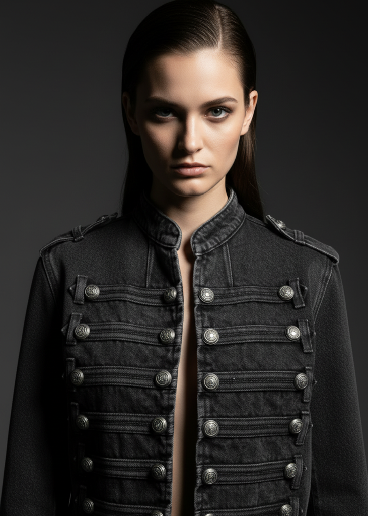 Women's black military jacket with stand collar and hook-and-eye closure — Pretty Attitude
