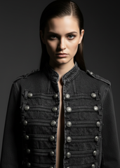 Women's black military jacket with stand collar and hook-and-eye closure — Pretty Attitude
