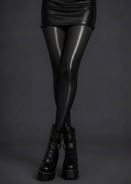 Close-up of black glossy high shine tights showing silk-look finish
