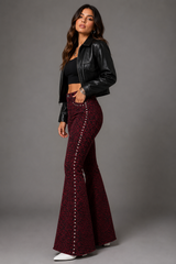 Night Tales Red Leopard Studded Bell Bottoms