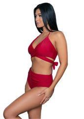 Red and blue wrap halter bikini set with high-waist ruched bottoms — Pretty Attitude