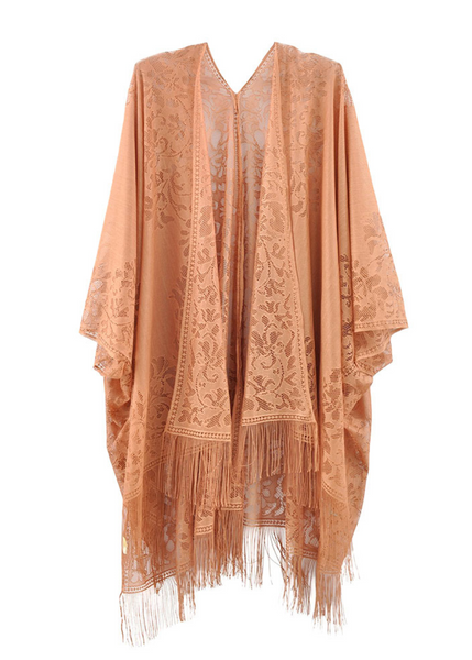 70s kimono lace boho stevie taupe duster fringe festival fall womens 