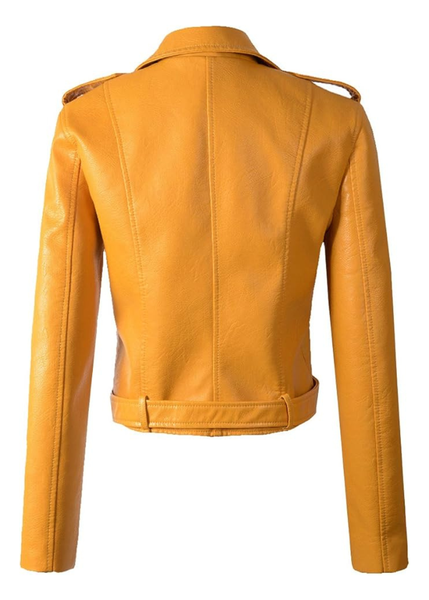 Mustard yellow faux leather moto jacket detail showing silver studs and zippered pockets