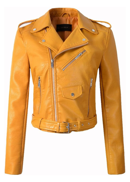 Woman wearing mustard yellow vegan leather moto jacket with silver hardware and asymmetrical zippe