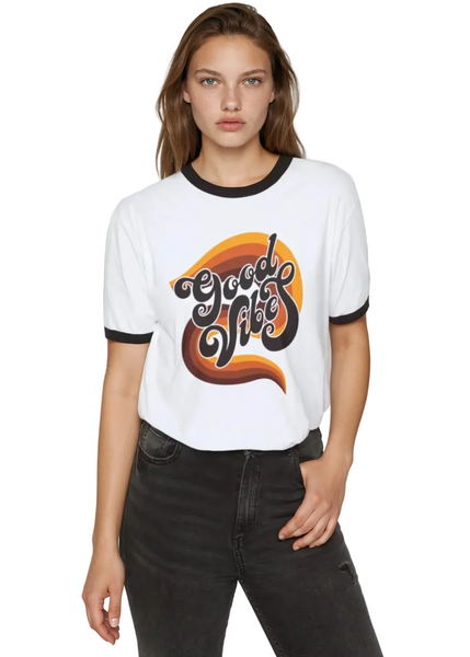 70s Good Vibes Only oversized ringer tee – retro vintage graphic tee for women, boho festival style