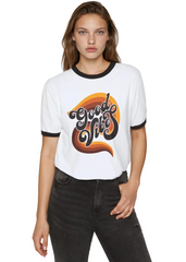 70s Good Vibes Only oversized ringer tee – retro vintage graphic tee for women, boho festival style
