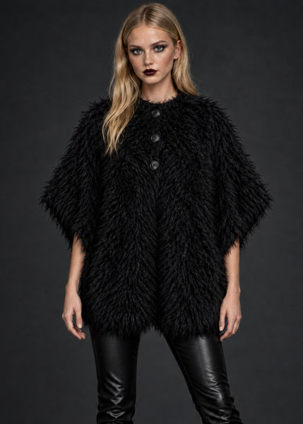 Pretty Attitude oversized black shaggy cape coat with three front buttons and short sleeves, styled on a model for grunge and gothic clothing looks.