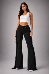 Texas Sun Fringe Bell Bottom Jeans in Black Denim