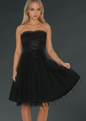 Strapless gothic dress with front corset lacing, black alternative punk formal dress for women