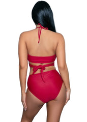 Red blue two-piece swimsuit wrap top and ruched high-waist bikini bottoms