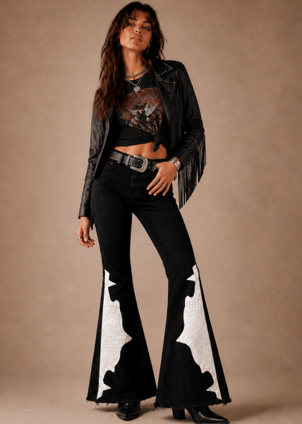 White crocodile bell bottom flare jeans – Rockstar Rouge by Pretty Attitude

