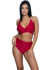 Maroon high-waist ruched bikini set with wrap halter top — Pretty Attitude swimwear