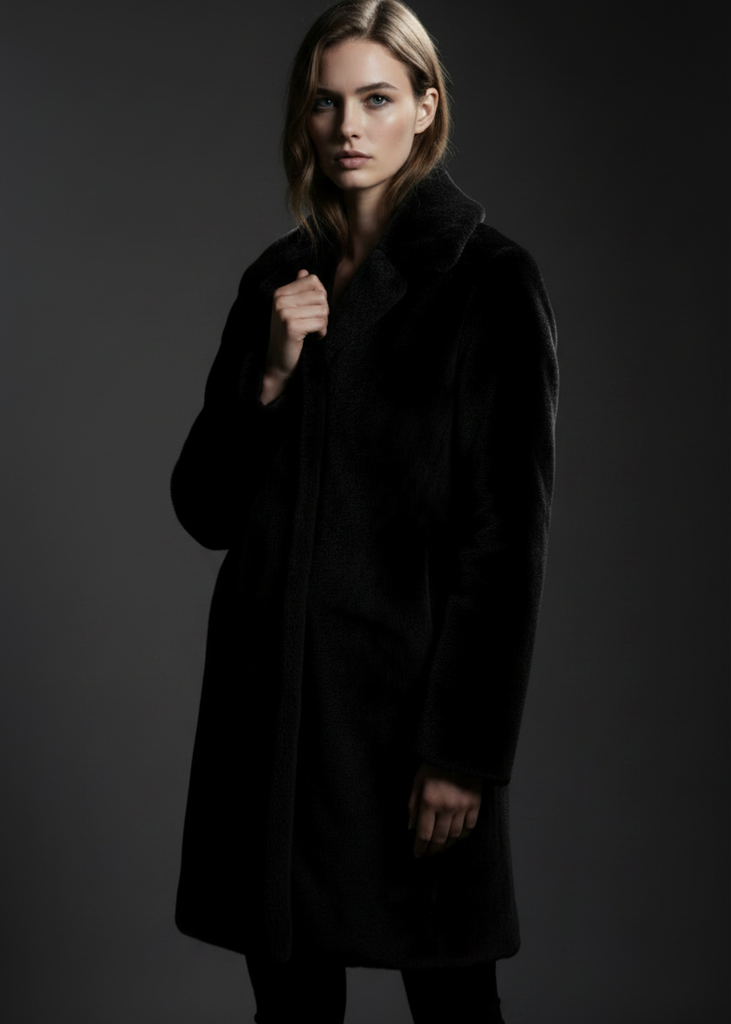 model holding lapel, moody half-lit close-up Model wearing black plush faux fur coat holding lapel, knee-length vegan fur outerwear, Pretty Attitude

