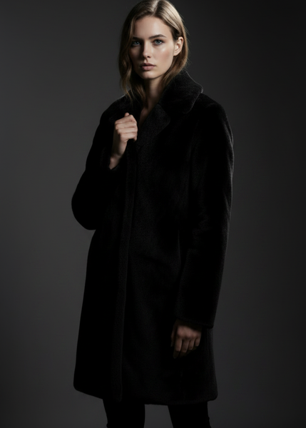 model holding lapel, moody half-lit close-up Model wearing black plush faux fur coat holding lapel, knee-length vegan fur outerwear, Pretty Attitude

