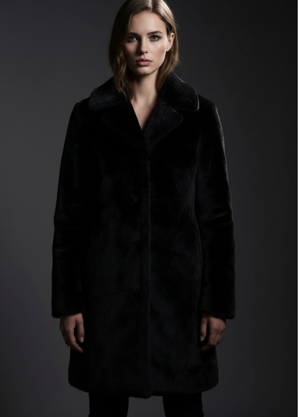 front-facing full-length editorial, open collar Front view of black plush faux fur coat with open v-collar on model, women's vegan fur coat, Pretty Attitude

