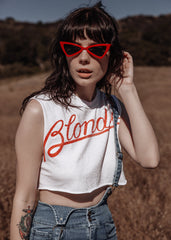 White Blondie cropped band tee by Goodie Two Sleeves — vintage graphic crop top, Debbie Harry tribute, 100% cotton festival tee