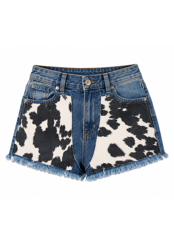 Rodeo cow hide denim shorts with cow print faux fur front panels, medium blue wash, raw frayed hem — Pretty Attitude