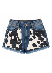 Rodeo cow hide denim shorts with cow print faux fur front panels, medium blue wash, raw frayed hem — Pretty Attitude
