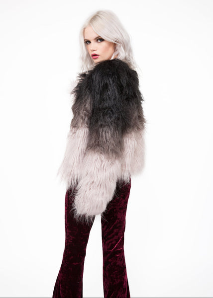 ombre shaggy plush faux fur jacket rockstar wife concert festival outfit idea 