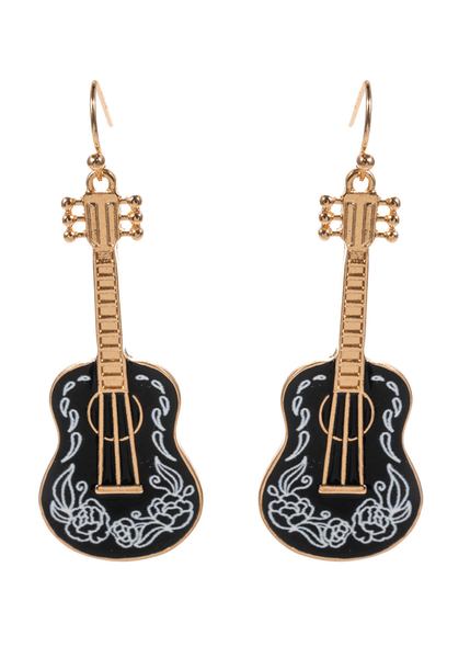 Guitar-shaped earrings with black bodies and gold details on a white background
