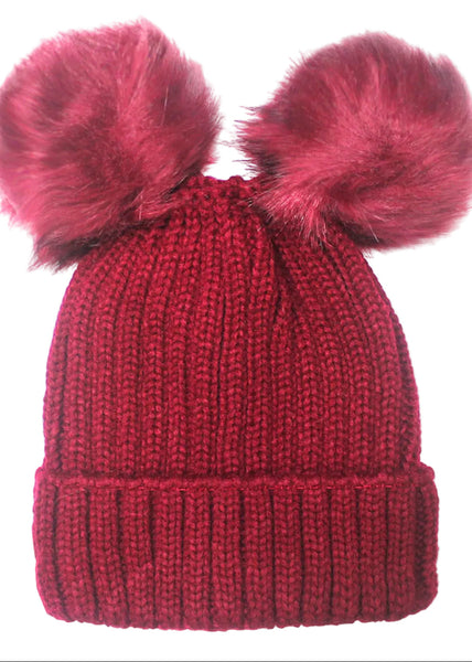 Burgundy Double Pom Beanie Hat