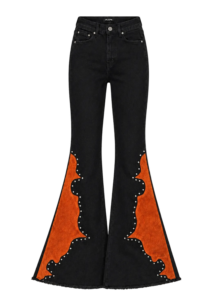 Copper suede studded bell bottom flare jeans in burnt orange - Pretty Attitude
