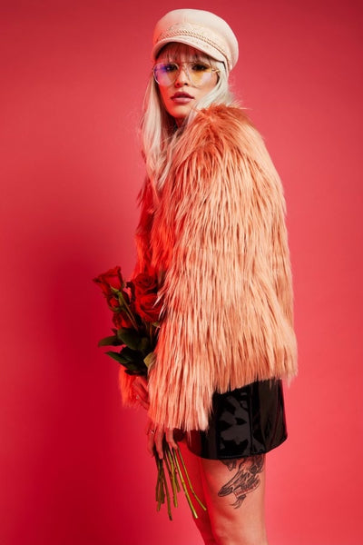 Soft pink faux fur jacket bohemian outerwear cozy winter coat festival fashion