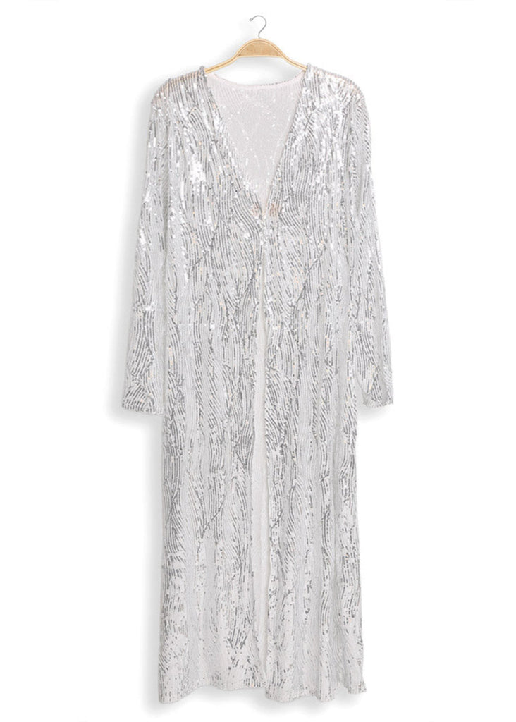 Silver sequin dress on a hanger against a white background duster 
