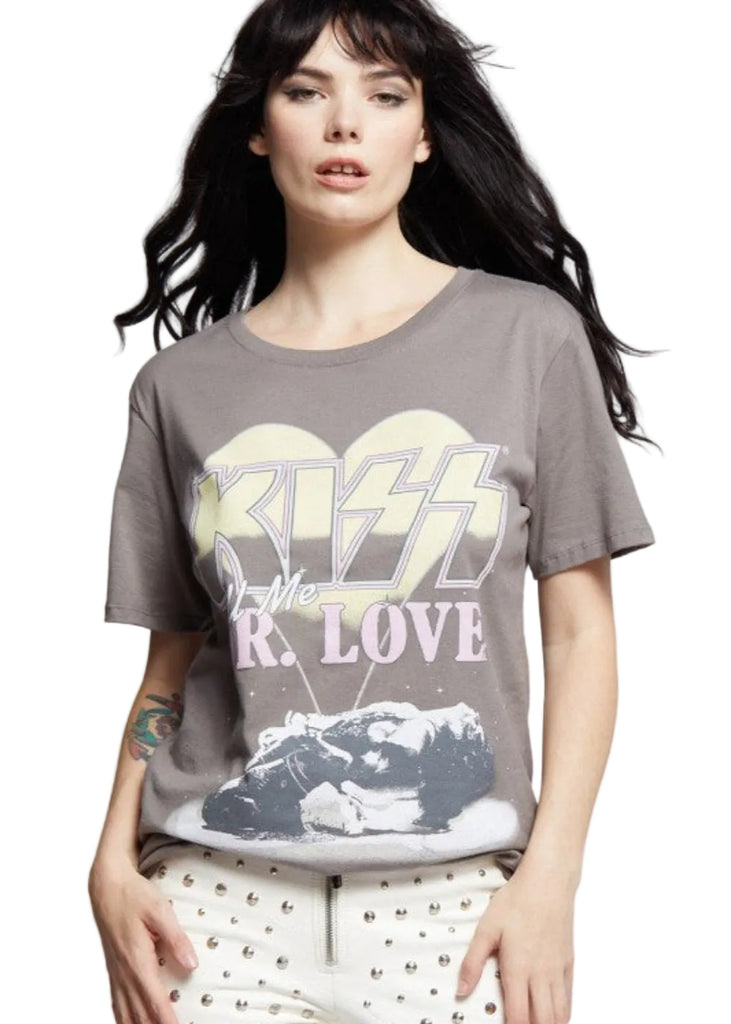 KISS Dr. Love vintage boyfriend tee in steel gray - front view with Paul Stanley Starchild graphic
