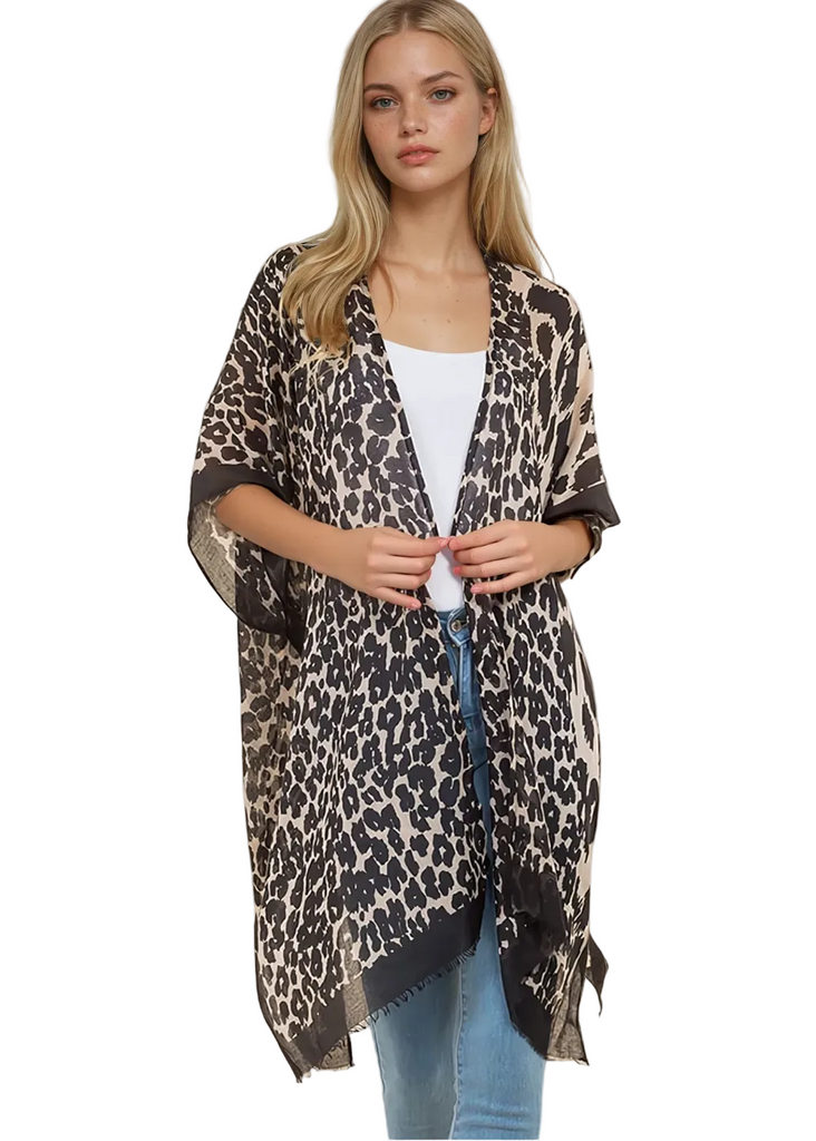 Leopard print boho kimono with fringe hem – lightweight chiffon duster cardigan, one size fits all