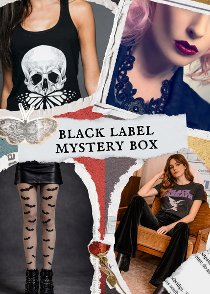 Gothic mystery box filled with alternative fashion accessories, spooky gifts, and dark aesthetic surprises for goth and punk style lovers