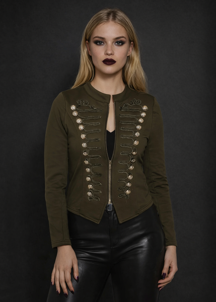 Olive Gothic Military Jacket – front view, women's steampunk outerwear with ornate silvertone buttons
